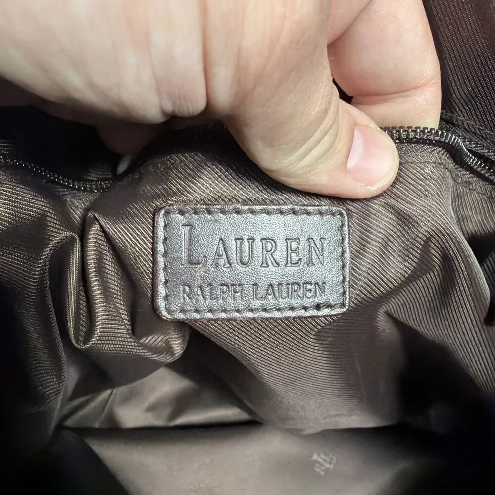 Vintage Lauren Ralph Lauren Brown Leather Suede Houndstooth Tote Shoulder Bag - Picture 11 of 11